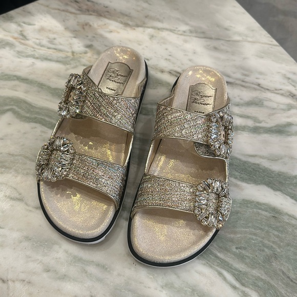 Roger Vivier metallic jacquard and crystal slides / sandals - Picture 3 of 6